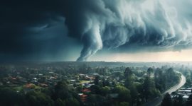 Ilustrasi Angin Kencang Tornado Melewati Sawah dan Pegunungan mendekati Pemukiman , Image by rorozoa on Freepik